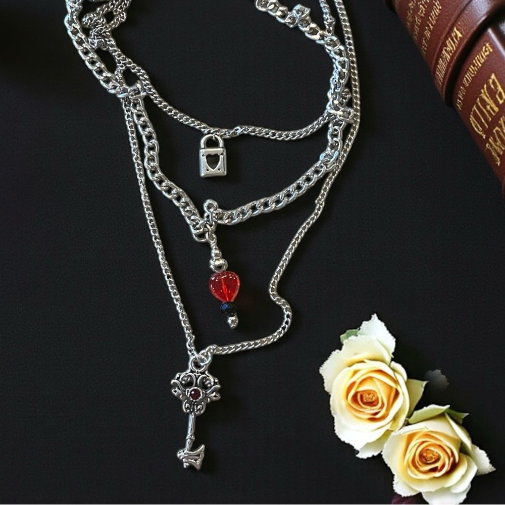 Layered Gothic Heart Lock and Key Pendant Necklace - Picture 16 of 16